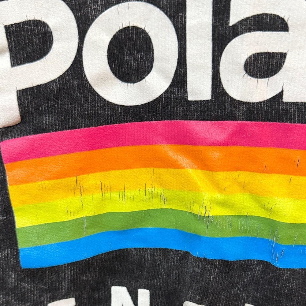 Polaroid Black Cropped Acid-Washed Hoodie with Rainbow Stripe Logo. Size Large - Picture 3 of 8